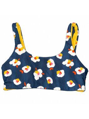 Kitty and Vibe Reversible Bikini Top Navy Floral Mustard Yellow Size L DD